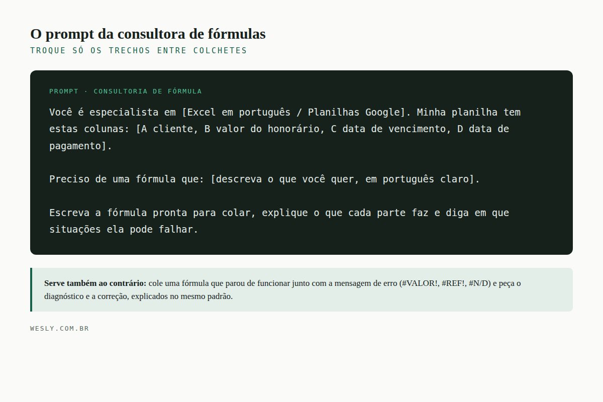 Prompt pronto para copiar, com a descrição das colunas, o pedido em português e a exigência de explicação parte a parte